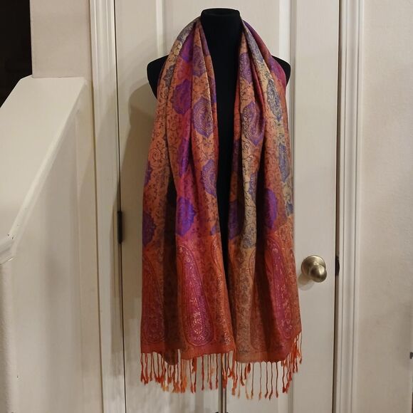 Accessories - Pink purple orange yellow paisley pattern pashmina scarf or shawl with fringe